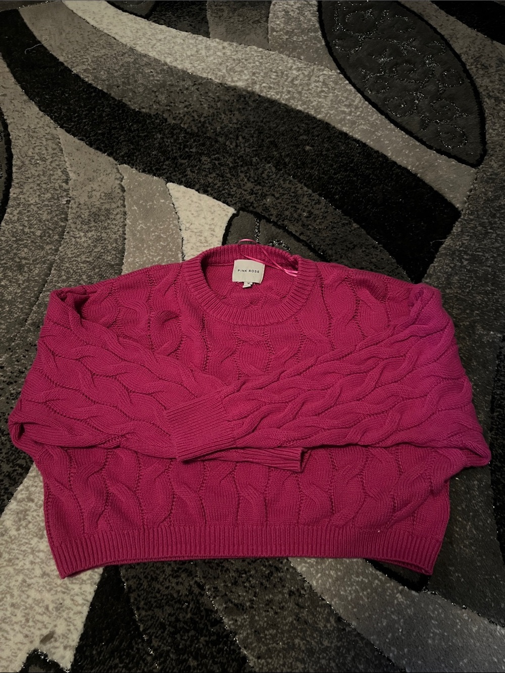 Pink Rose Bright Fuchsia Cable Crew Sweater